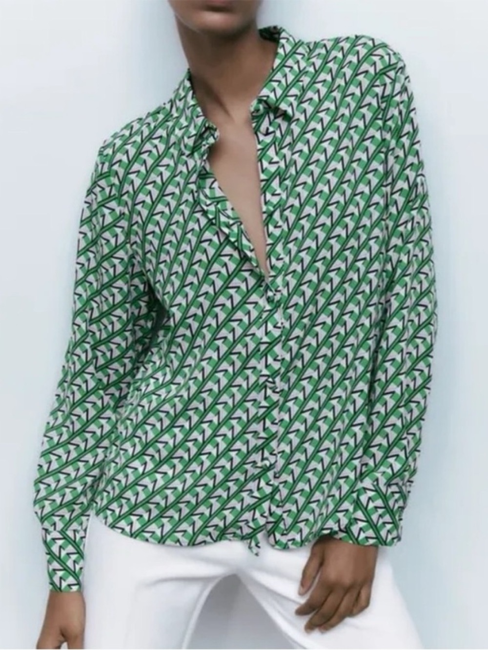 Zara Geometric Silky Longsleeve Button Up Blouse